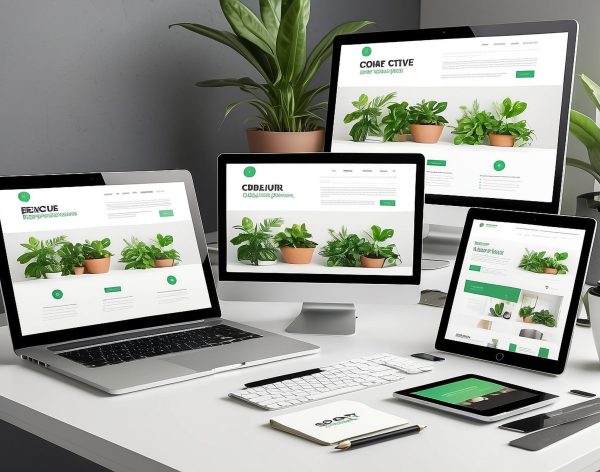 Web design studio with responsive web site promotion. Computer display, laptop, tablet